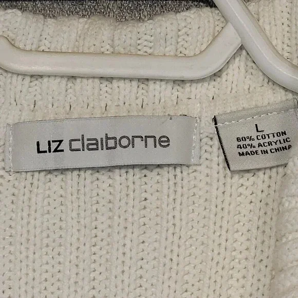 Liz Claiborne White Long Sleeve Cable Knit Pullover Sweater Size Large - Picture 3 of 12